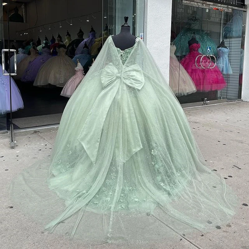 Angelsbridep vestidos quinceanera verde sage com capa envoltório doce 16 vestidos de baile 3d renda apliques tule vestidos de aniversário novo