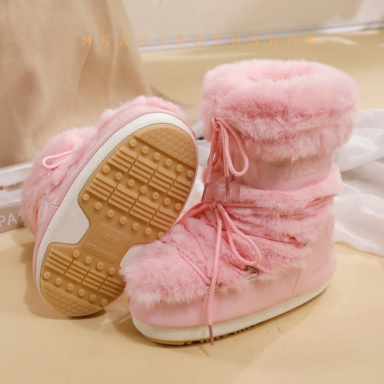 Warme Schneestiefel für Damen 20256 Winter Neue Hochwertige Moon Boots Ugly Cute Ski-Hochstiefel mit Innenabsatz aus Leder