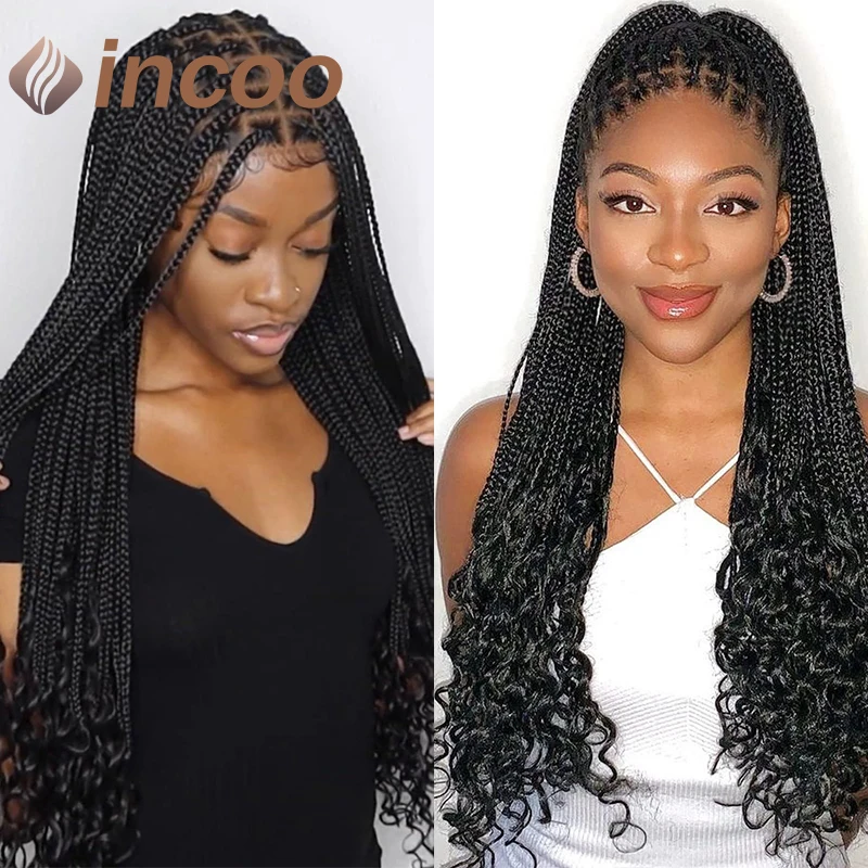 Full Lace Braided Wigs With Curly End Synthetic Knotless Box Braided Wigs for Black Women Goddess Curly Lace Front Braids Wig