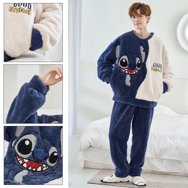

Disney Stitch Pajamas Men Warm 2 Piece Sets Cartoon Winter Thicken Flannel Pullover Long Sleeves Pants Casual Homewear Clothes