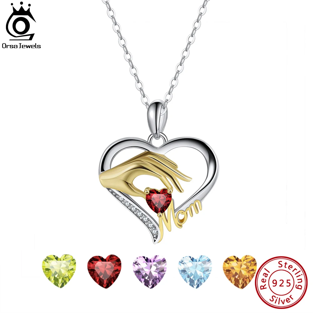 

ORSA JEWELS Best Mother's Day Gift 925 Silver Natural Gem Stone Sky Blue Topaz Olivine Heart Pendant Mom's Hand Necklace GMN30