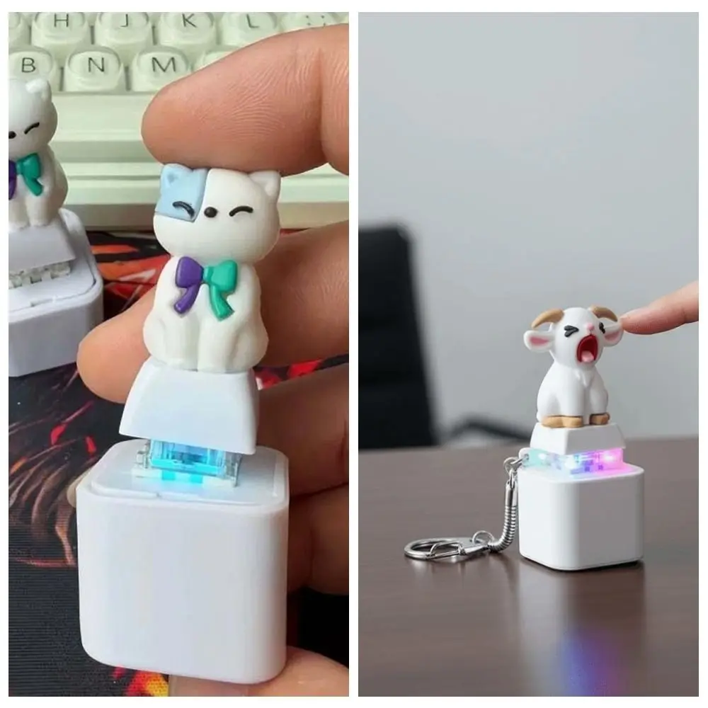 Rechargeable Screaming Goat Key Chain LED-Glowing Sound-Effect Mechanical Key Cap Portable-Clicky Cartoon Cat Fidget Button view 6