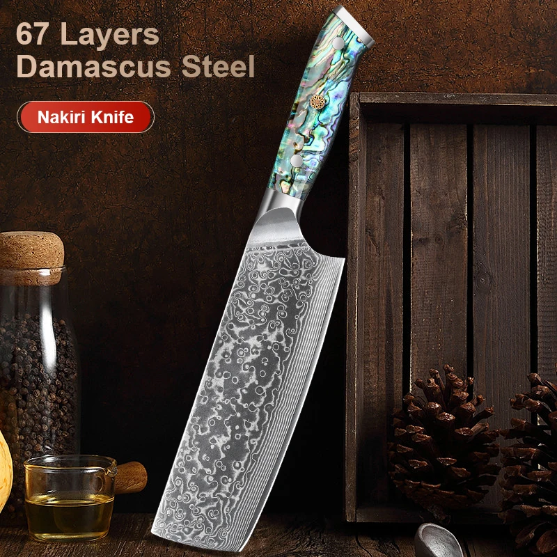 

7" Japanese Nakiri knife 67 Layer Damascus Steel Abalone Shell Handle Sharp Kitchen Cooking Knife