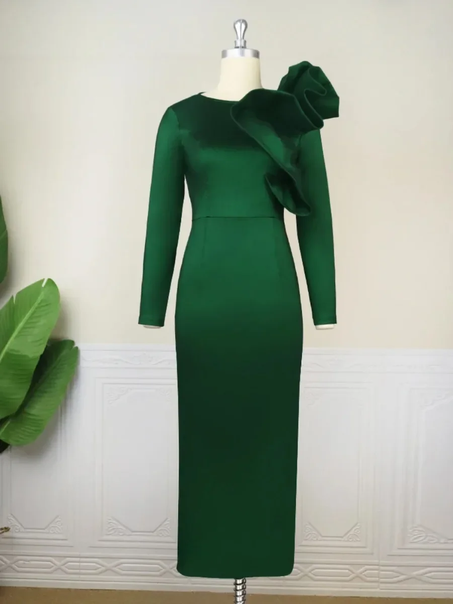 Women Green Party Long Dress Elegant Ruffle Shiny Christmas Long Sleeve Slim Event Cocktail Occasion Birthday Night Gown African