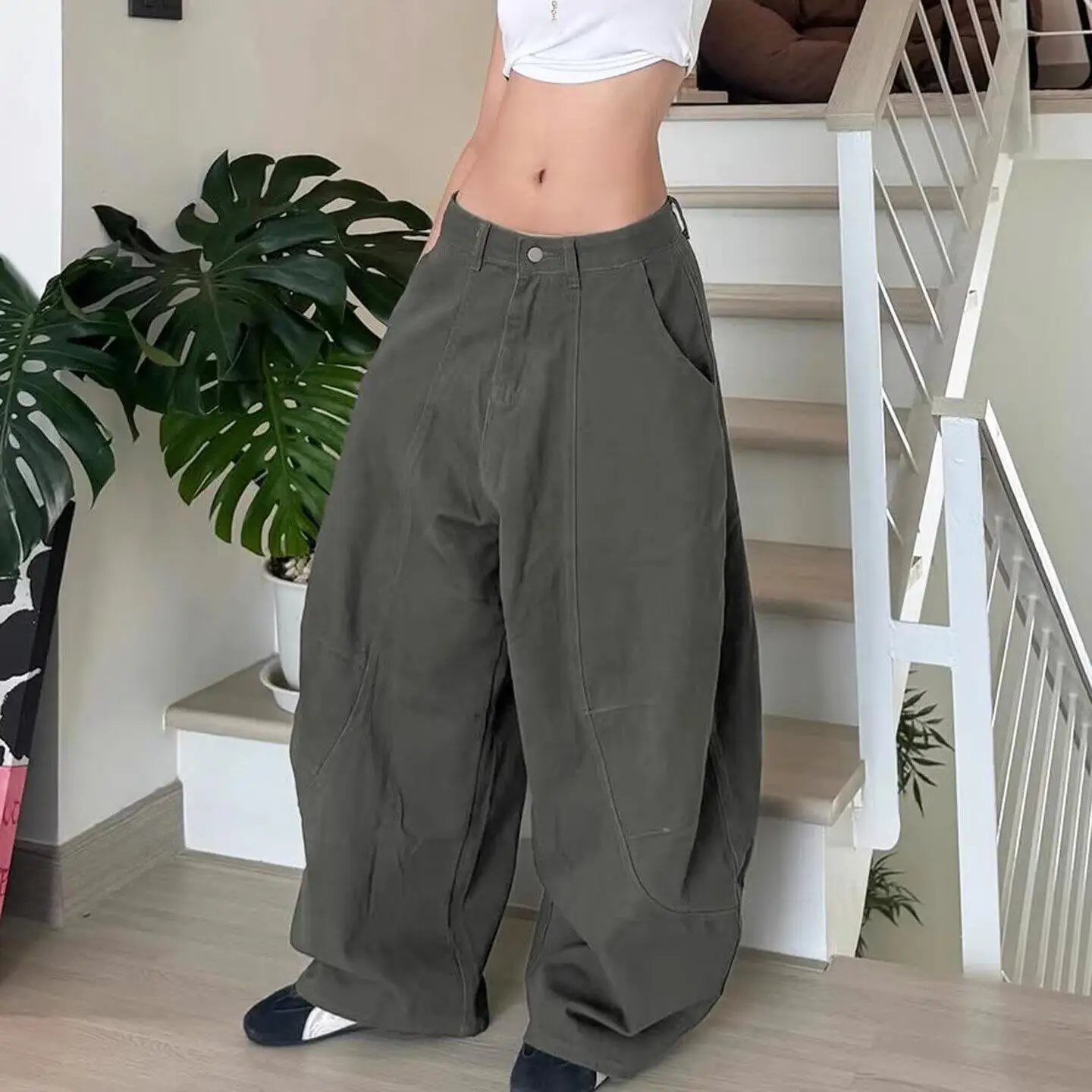 Women's Summer Retro Washed Distressed Straight Tube Wide Leg Jeans American Style Casual Loose Deep Green Denim Trousers