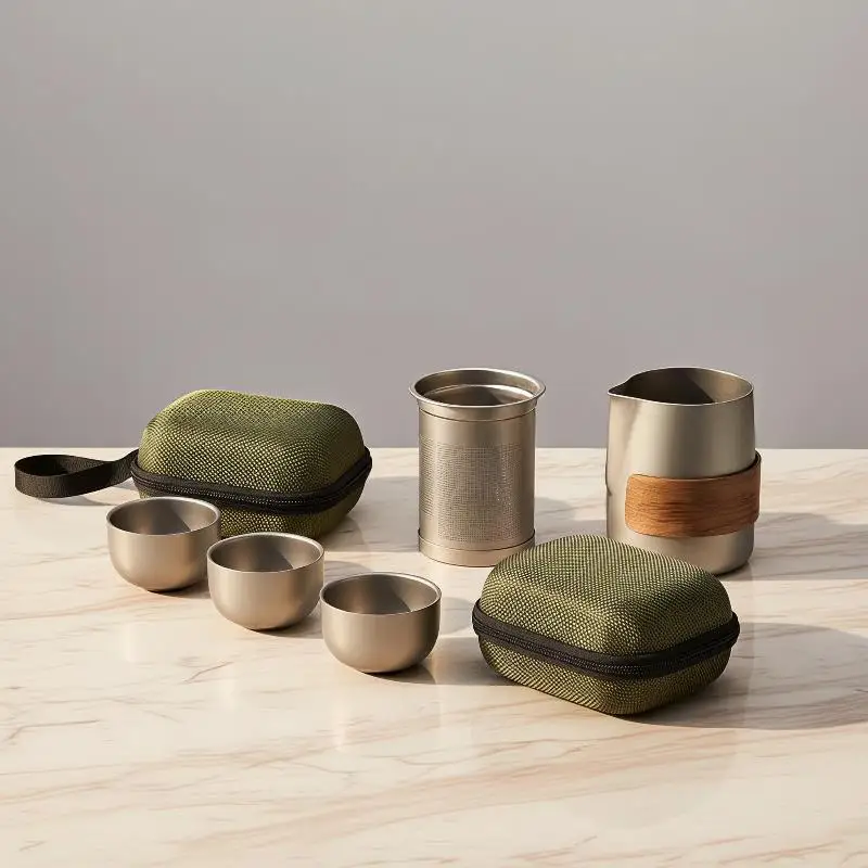 Titanium-plated Stainless Steel Portable Travel Tea Set Including Teapot And Three Tea Cups Lightweight Outdoor Camping