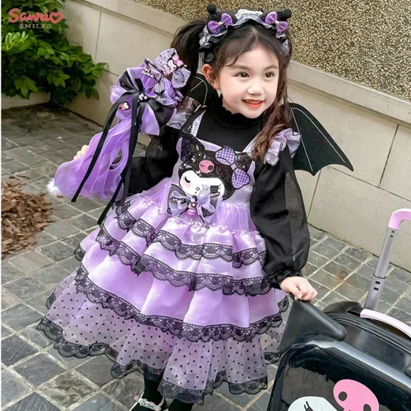 Sanrio Anime Kuromi Girl Sweet Princess Lolita Dress Girls Skirt Spring and Autumn 2024 Children's Cosplay Birthday Party Gift