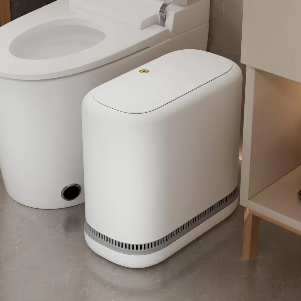 Cubo de basura de baño o-mart con tapa, cubo de basura delgado de adsorción al vacío de 3,2 galones, cesta de basura superior de prensa estrecha para control de olores