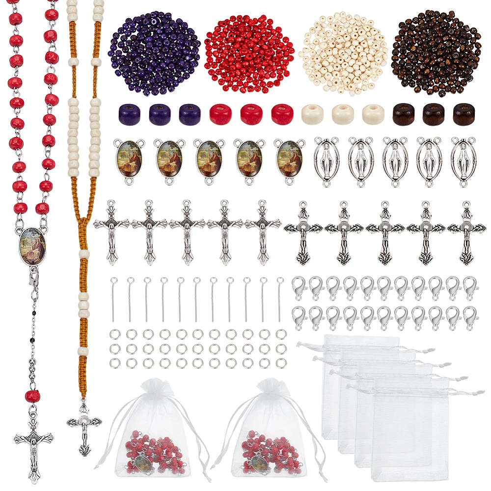 1240pcs Wooden Bead Rosary Necklace Making Kit Wood Beads Making Set Including Wood Beads Alloy Pendant Link Clasps Iron
