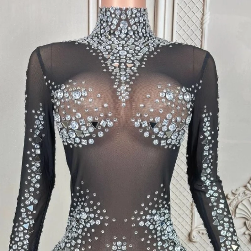 코스튬 나이트클럽 바 풀 다이아몬드 메쉬 긴팔 짧은 스커트 여성 가수 모델 걸 그룹 웨딩 파티 드레스