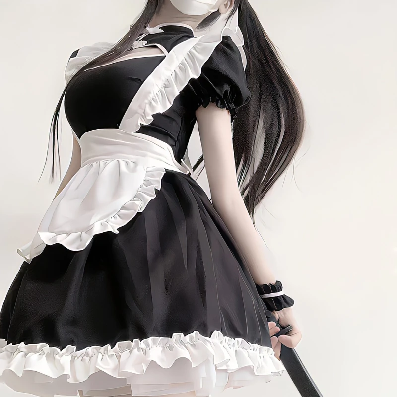Black White Student Stage Party Waitress Roleplay Outfit Cute Cheongsam Chinese Qipao Dress Women Halloween Maid Cosplay Costume view 4