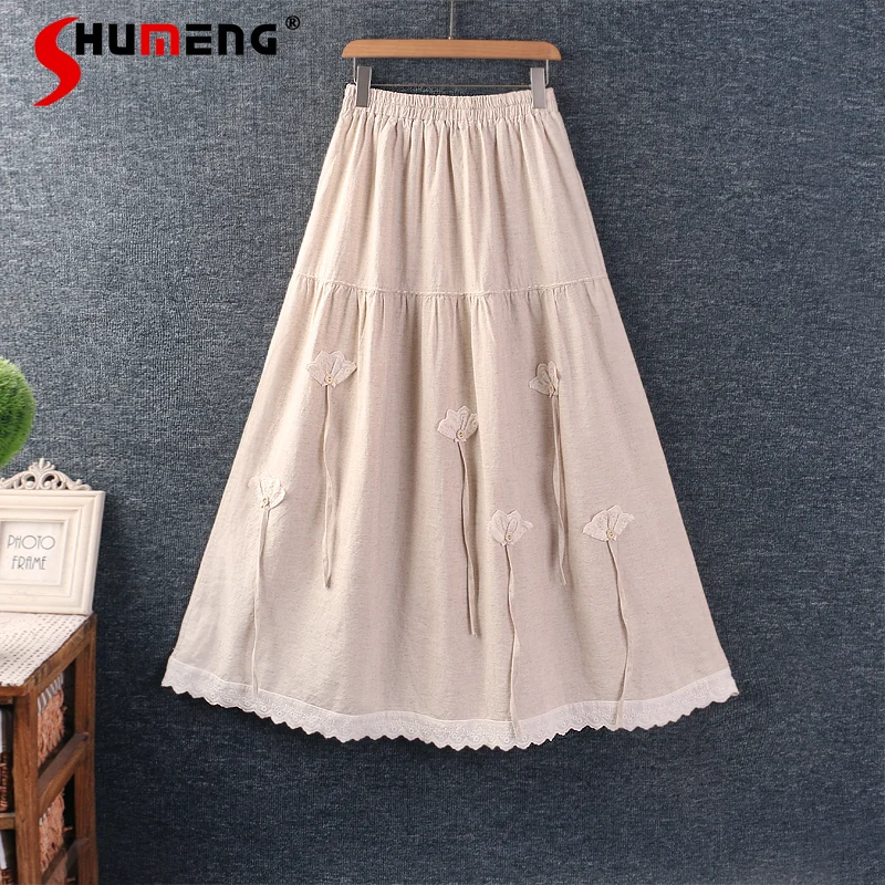 

Japanese Sweet Mori Girl Sticker Embroidery Plaid Elastic High Waist Loose Casual Versatile Pleated Long Skirts for Women Summer