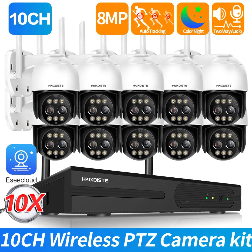 

4K 8MP WiFi Security Camera System Kit Wireless CCTV System 10CH NVR Outdoor PTZ Two-Way Audio Video Surveillance Cameras P2P