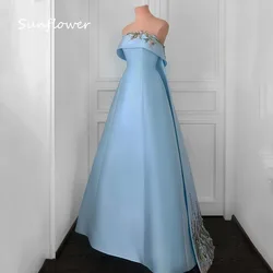 Sunflower Blue Strapless Appliques A-LINE Formal Evening Dress Saudi Arabia 2024 Slim Exquisite Satin Floor-Length Prom Dress