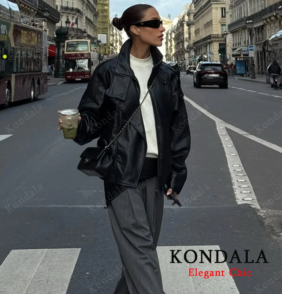 KONDALA المرأة الخريف الوقوف طوق بولي Leather سترة جلدية شارع العليا جاكيت زيبرا 2025 موضة خريف شتاء سترة الإناث معطف