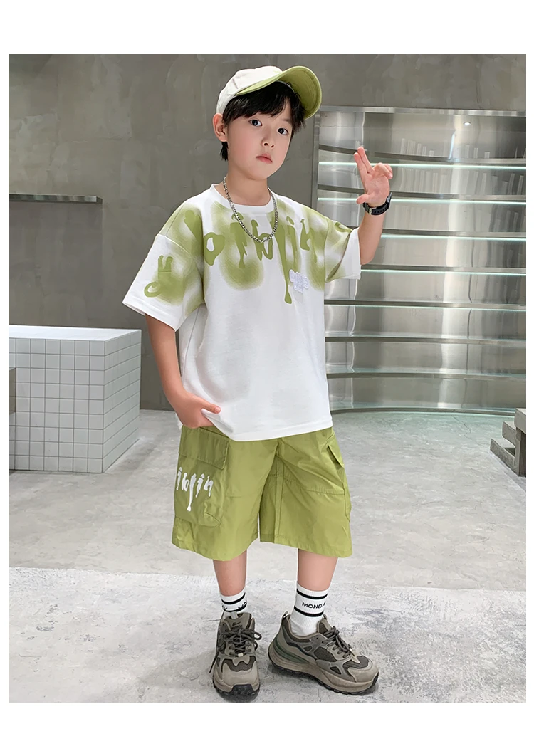 Heißer Verkauf Jungen Sommer Mode Baumwolle 2-teilige Kurzarm-T-Shirts + Shorts Anzüge 5-14 Jahre Kinder Freizeitkleidung Kinderbekleidungssets – Detail 4