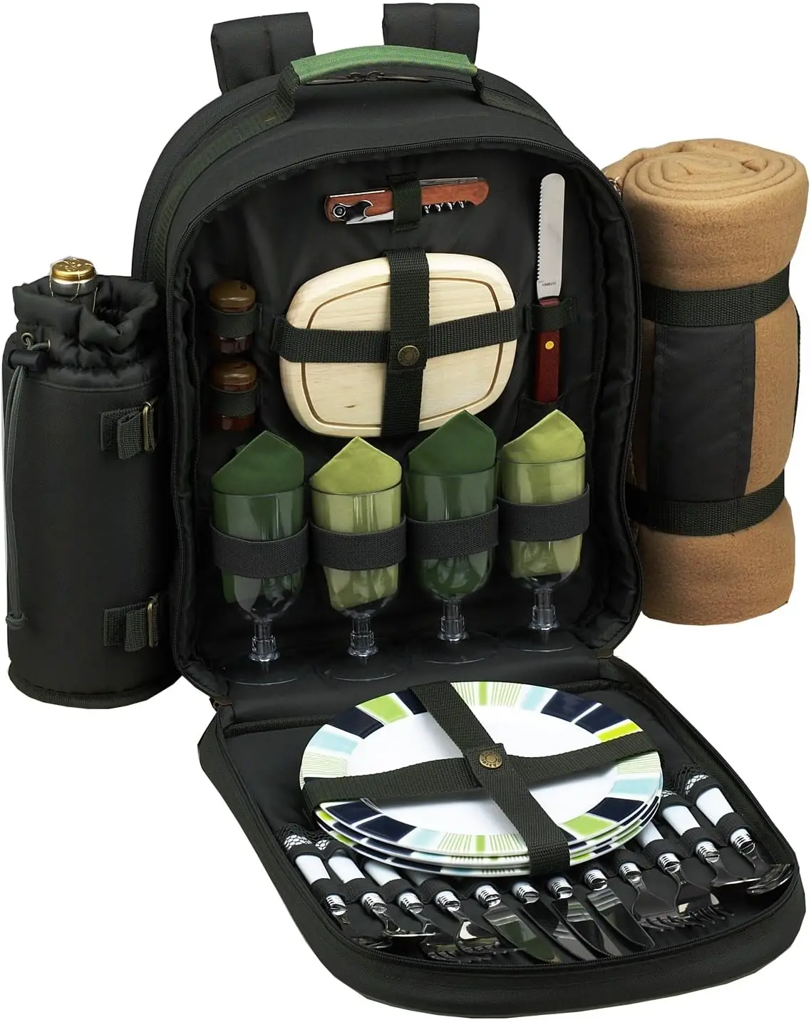 Eco Picnic Backpack with Cooler, Insulated Wine Holder & Blanket - Forest Green