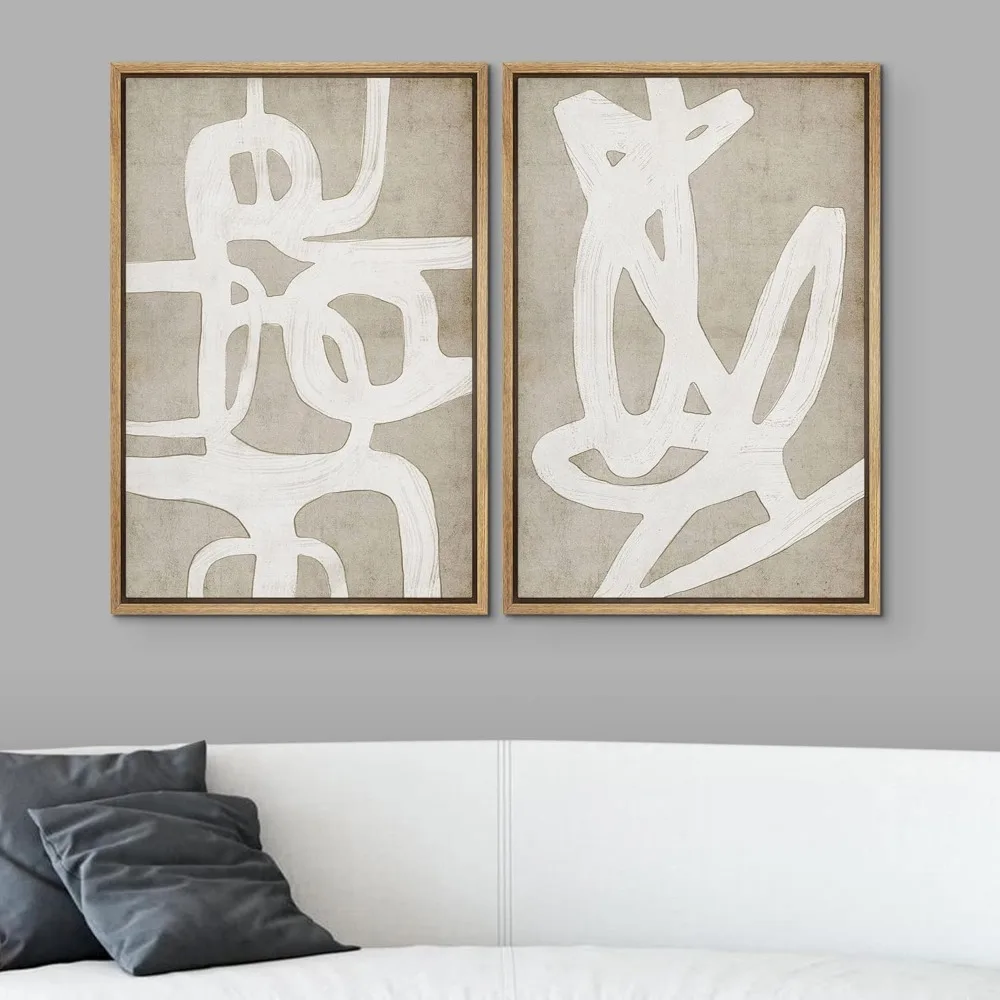 Framed Canvas Print Wall Art Set Mid-Century Paint Strokes Abstract Shapes Illustrations Minimalism Decorative Bohem