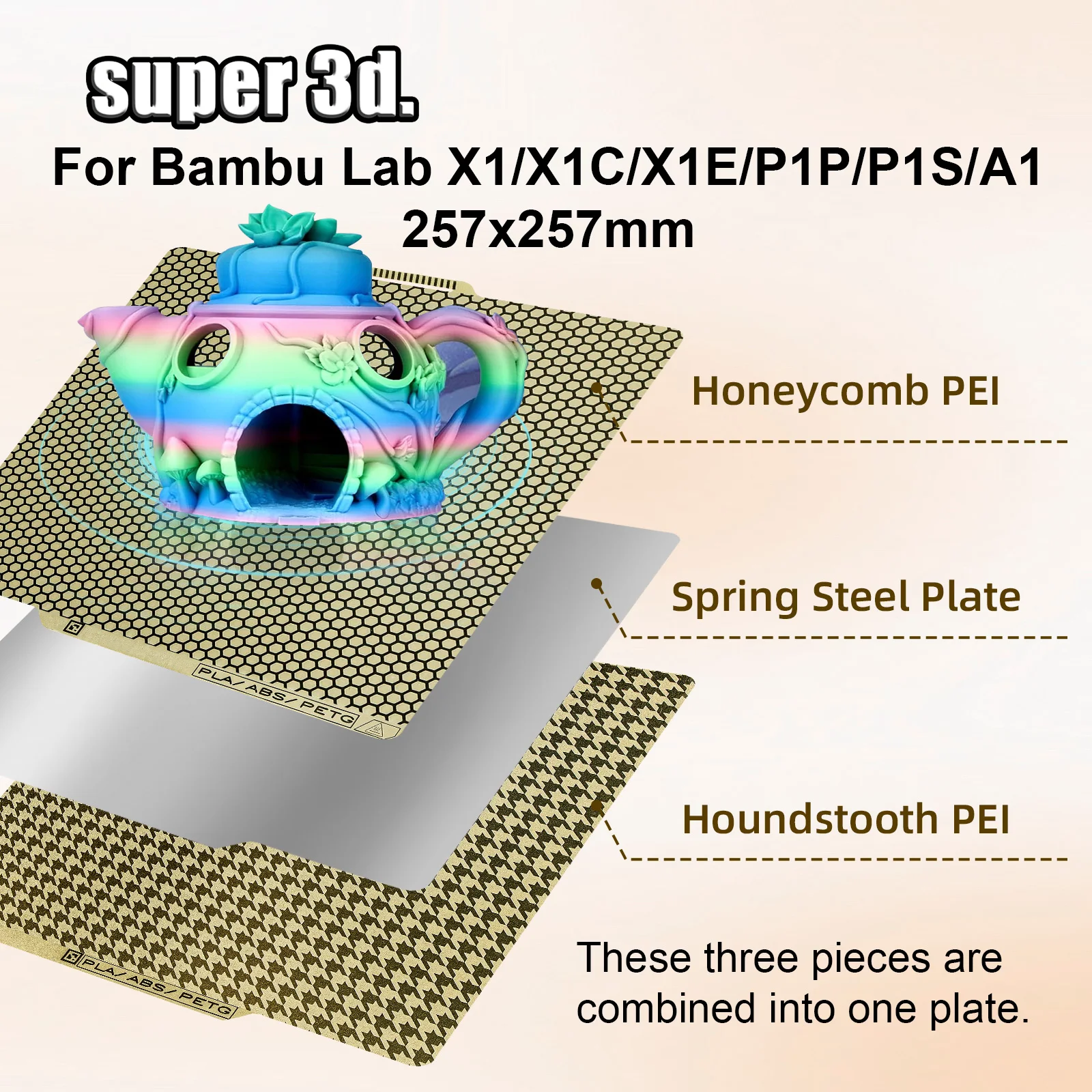 

Встроенная пластина PEI Honeycomb для лаборатории Bambu P1P/P1S/X1/X1C/A1, двухсторонняя листовая сталь PEI Spring, 3D-принтер Bambulab PEO H1H