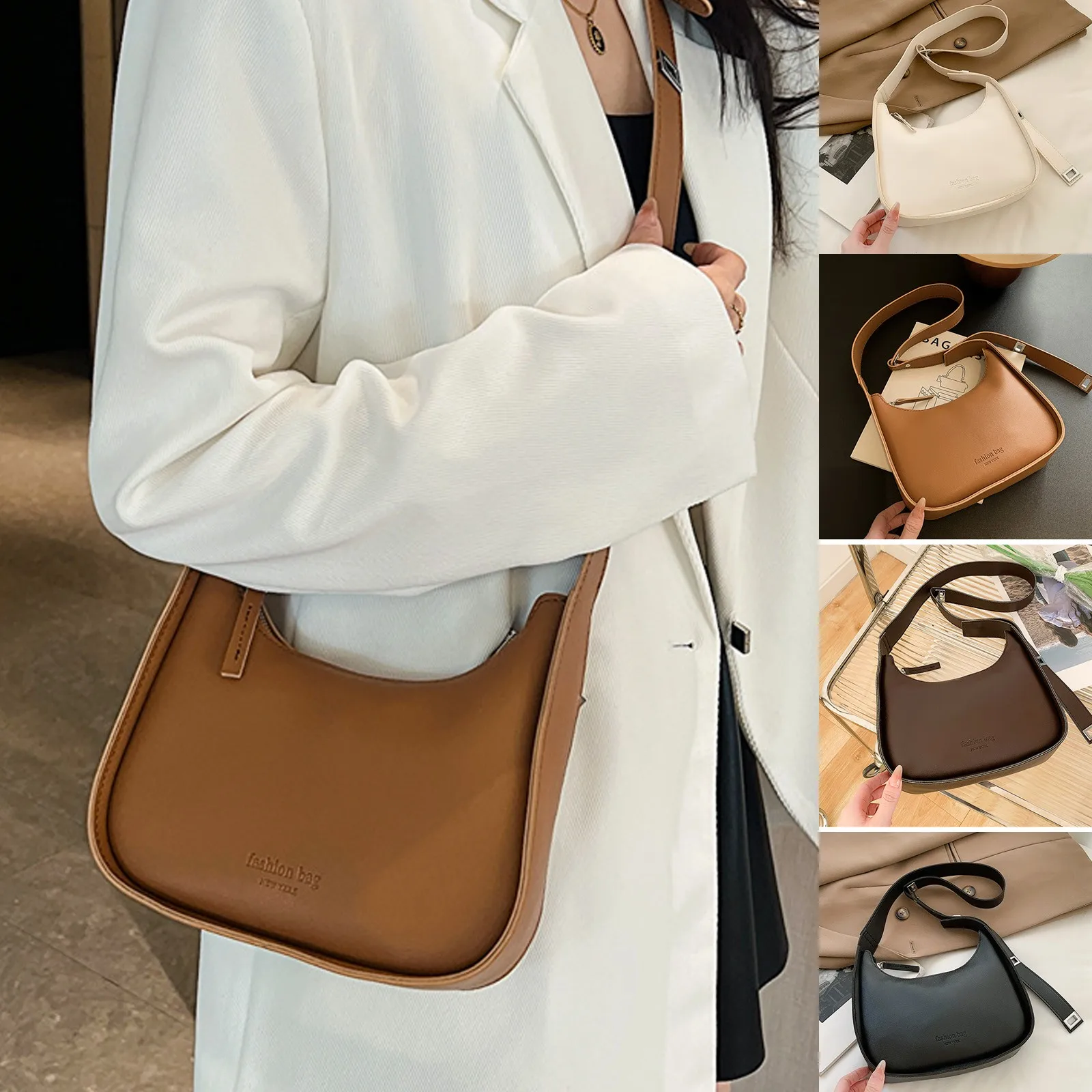 Ladies’ Minimalist Vintage Solid Color Armpit Handbag With Zipper Casual And Versatile Single Shoulder Crossbody Commute Bag