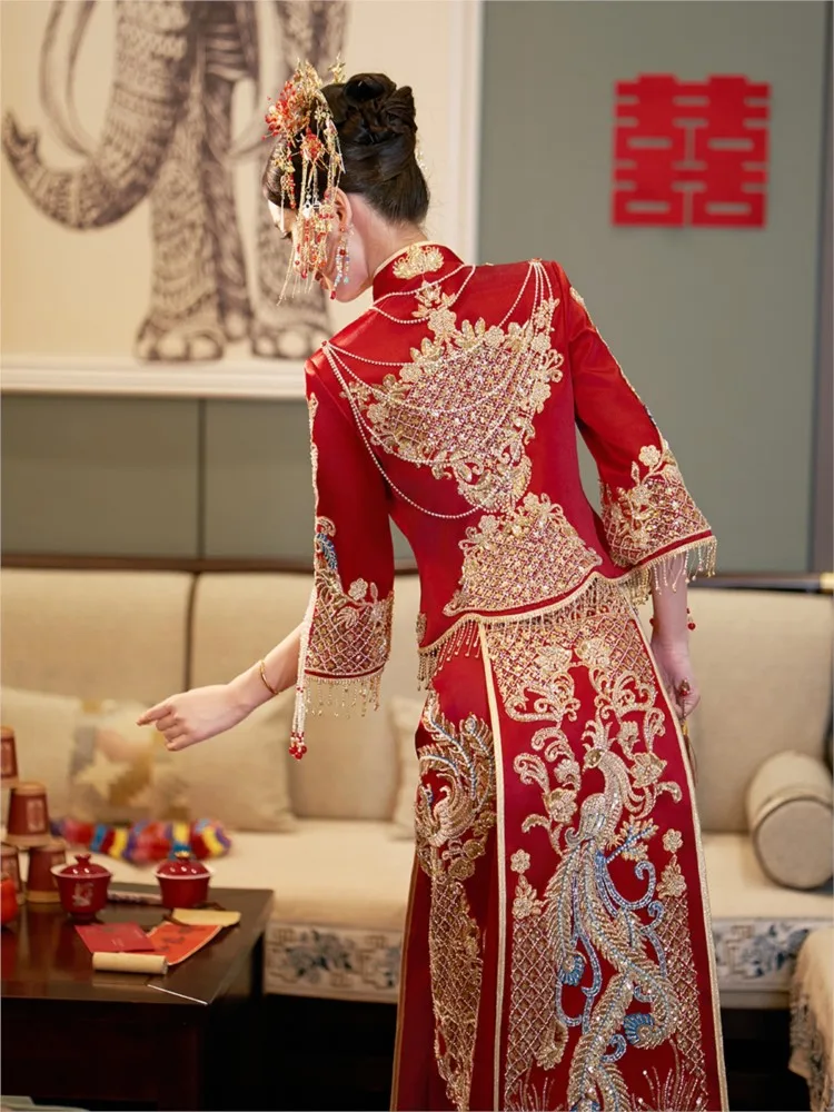 

Luxurious velvet dress new Chinese-style wedding bride's heavy industry toasting dragon and phoenix for women
