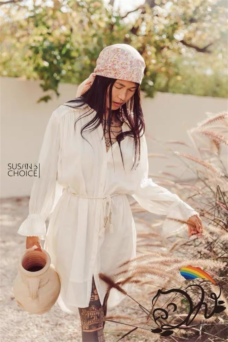 Susan Cotone organico lungo Sve Bianco ricamato in pizzo con cintura Dr V-ne Vita alta A-line ort Dr Commute Colore puro