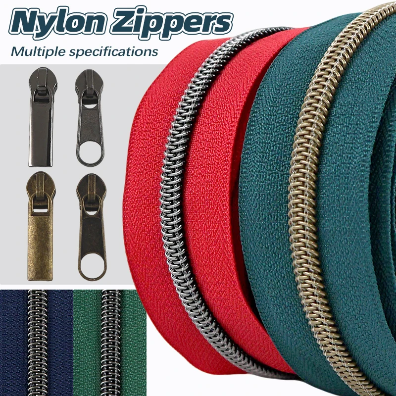 

2-10M 5# Nylon Zippers Tape With Zipper Slider Heads Plastic Zips By The Meter Decorative Zip Pull Repair DIY Sewing Accessories