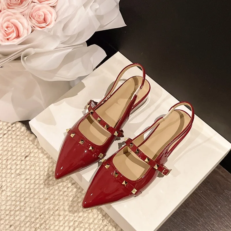 2026 New Style French Rivet Heeled Sandals - Flat Toe Pointed Toe Single Shoes