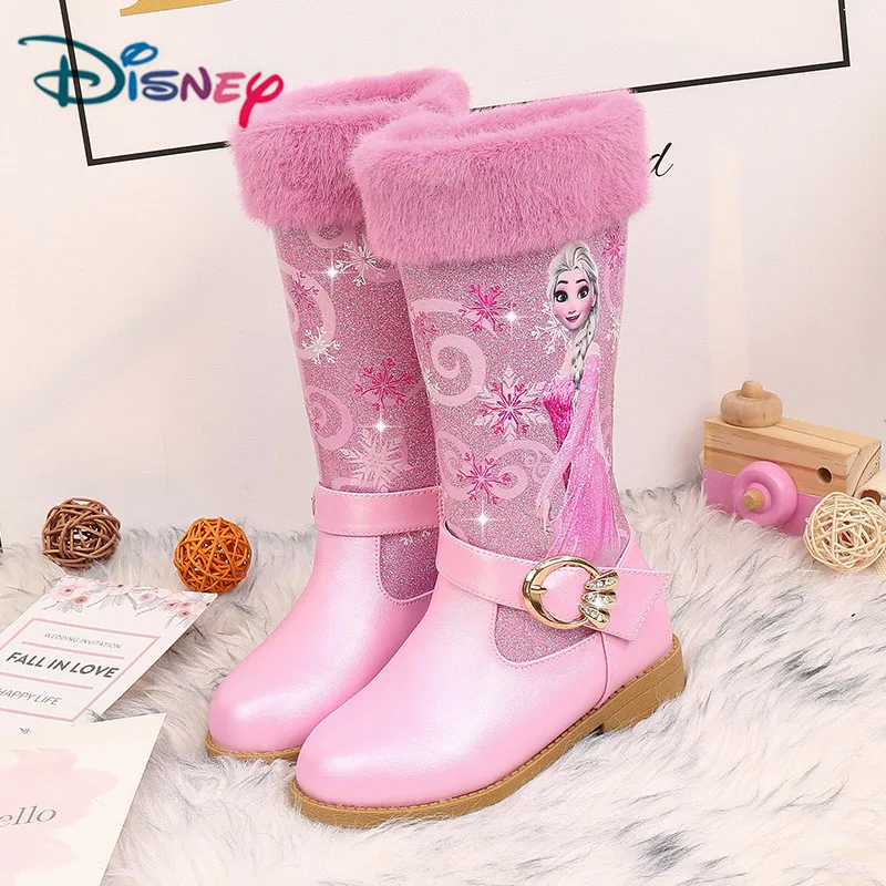 Disney Princess Elsa High Knee-length Boots Girls High-heeled Autumn Winter Warm Children Sequins Snow Shoes Frozen Boots