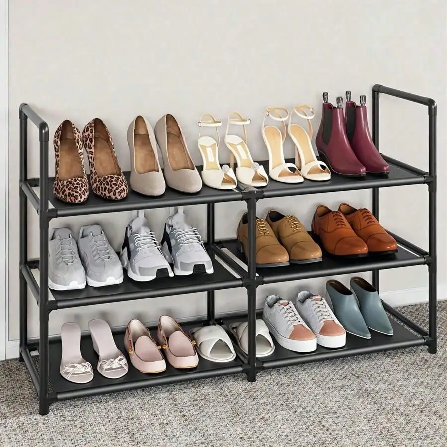 3-Tier Shoe Rack, Holds 12–15 Pairs, Sturdy Stackable Shelf, Expandable And Adjustable Fabric Organizer, Durable Metal Storage S
