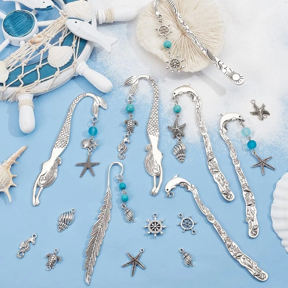 6 ชุด Ocean Bookmark Hooks ทําชุดโลหะบุ๊คมาร์คลูกปัดโลหะบุ๊คมาร์คฤดูร้อนฮาวาย Sea Turtle ปลาดาว Shell Charms