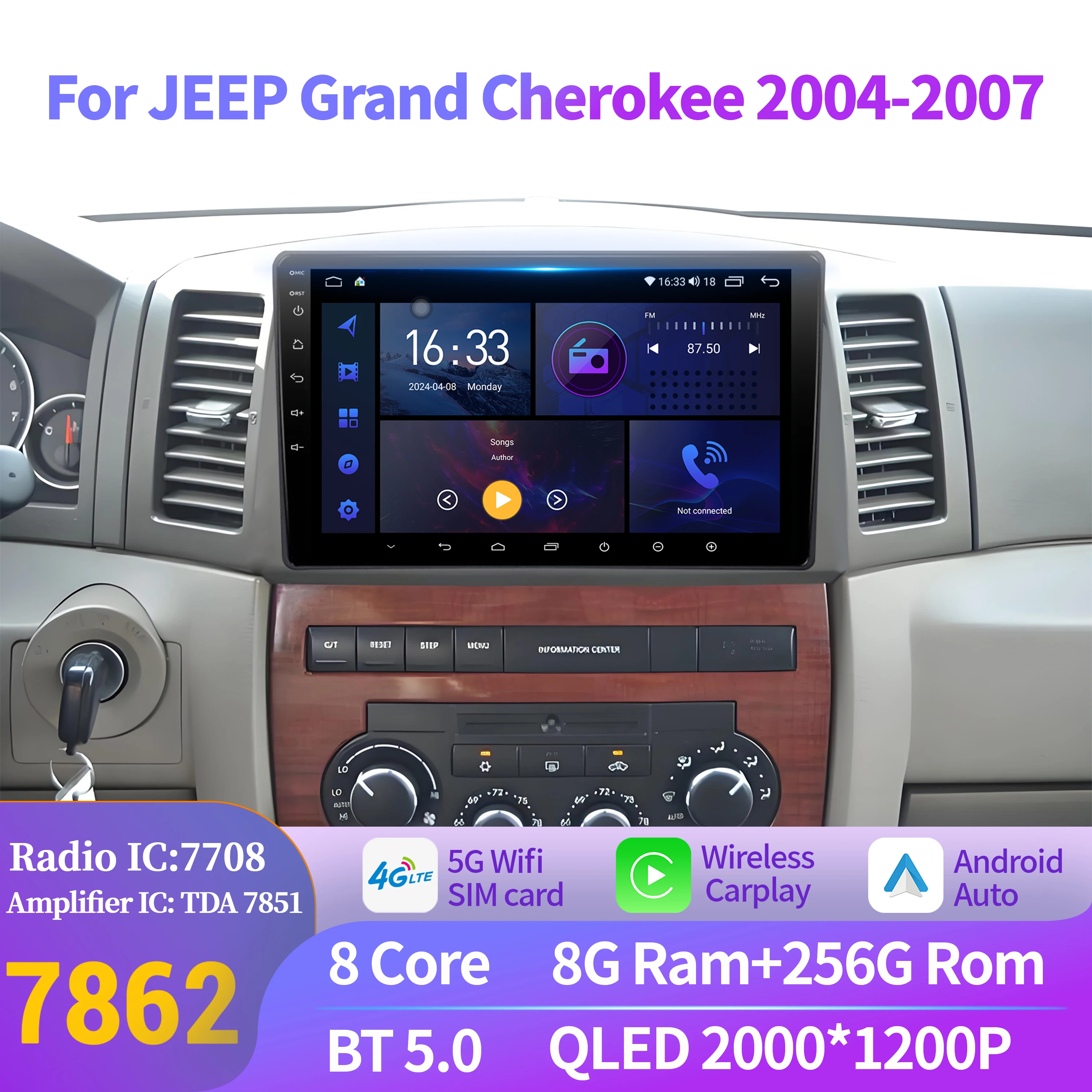 

Android 14 Car Radio Carplay For JEEP Grand Cherokee 2004-2007 Stereo Multimedia 7862 8+256 radio Player BT 7862 2K QLED Screen