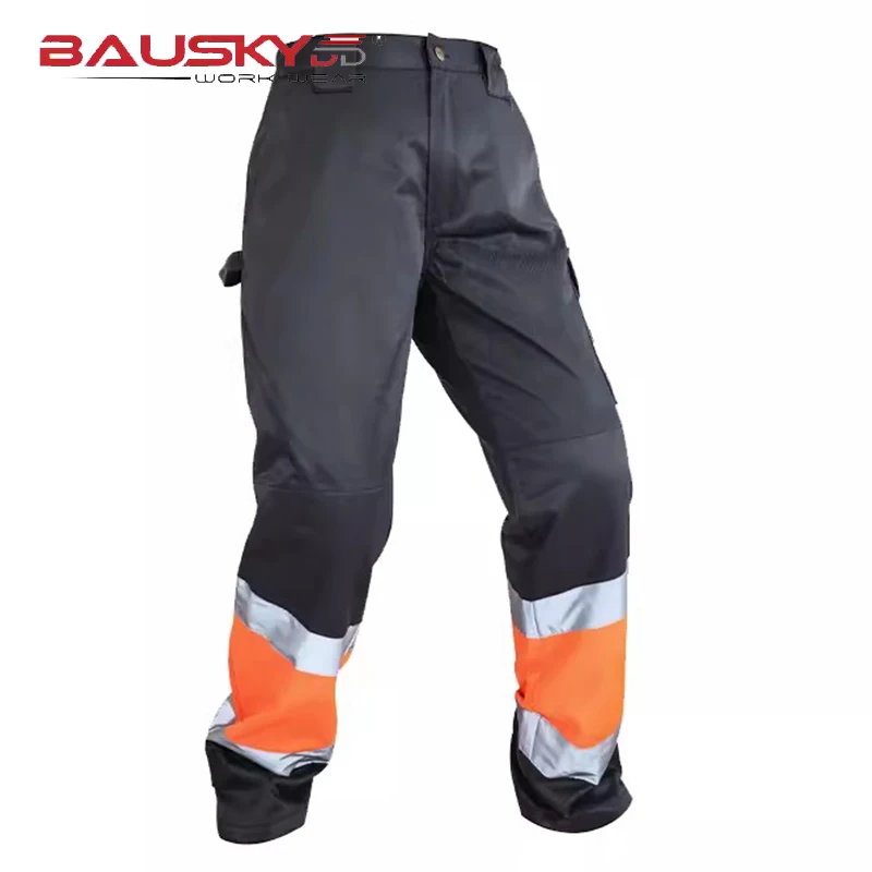 Polycotton Cargo Pants with Reflective Stripes Men Working Pants Safety Trousers Hi Vis Mechanic Work Pants Two Tone Workwear