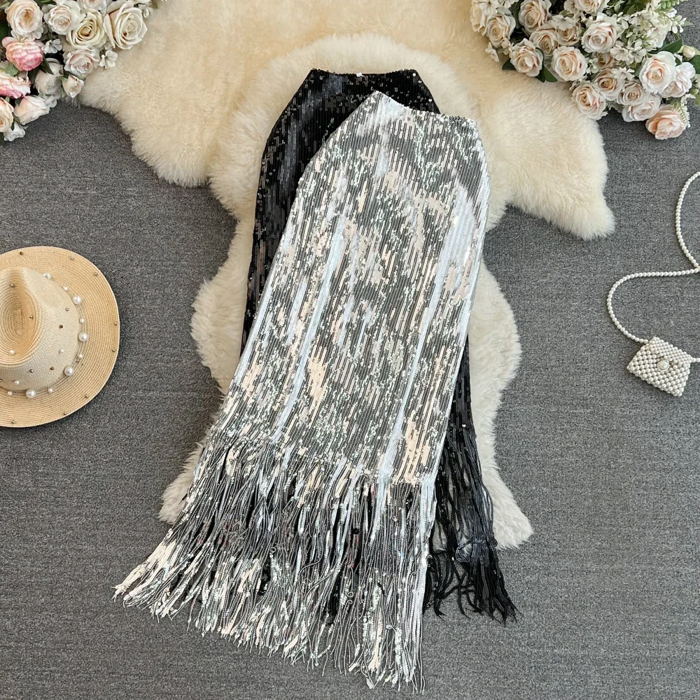 

Women Glitter Sequins Feather Tassels High Waist Sexy Skirt Party Fashion Vintage Luxury Skirts Goth Spring Summer Clothing