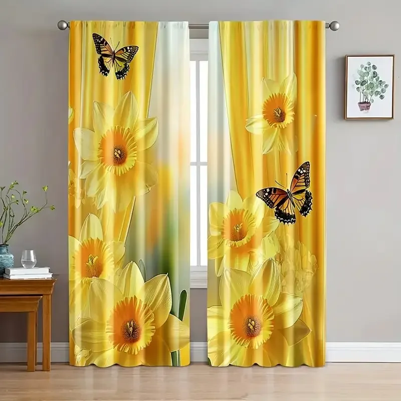 

Шторы с принтом желтого тюльпана и бабочки, оконные украшения, украшения для дома, украшения для комнаты