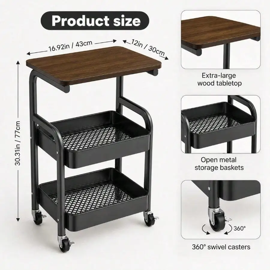 2-Tier Rolling Storage Cart With Tabletop, Mobile Utility Organizer With Mesh Baskets And Wheels, Compact Side Table Shelf For B