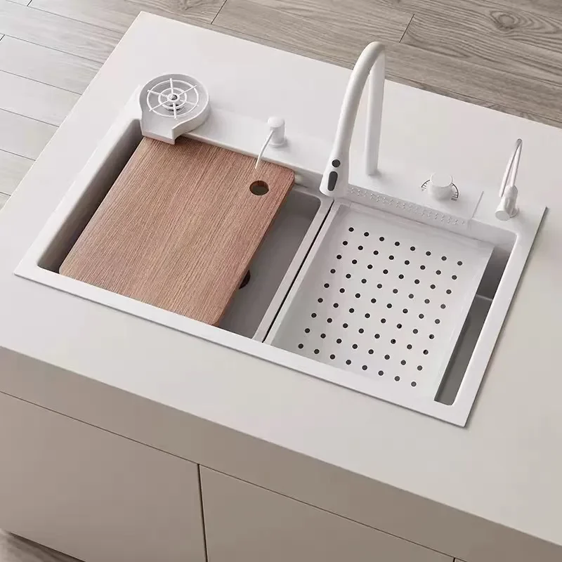for White Flying Fish Waterfall Sink Stainless Steel Kitchen Large Single Bowl Vegetable Basin