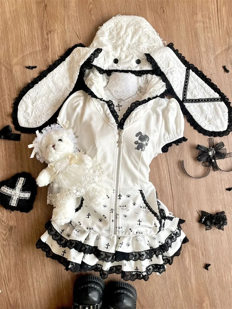 

2025 Cute Panda Print Hooded Rabbit Ear Zipper Top for Women+ Summer New High Waist A-line Cake Skirts Two Piece Sets