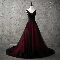 LIYYLHQ Chic Vintage Black and Red V-Neck Lace Appliques Gothic Long Prom Dresses  A-Line Evening Party Dress Corset