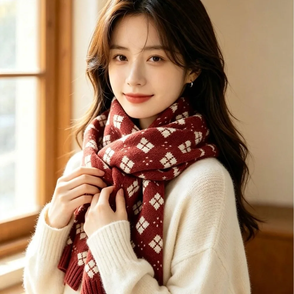 Sweet Red Knitted Christmas Scarf Long Green Winter Knitted Scarves Christmas Tree Plush Plaid Wool Scarf Student