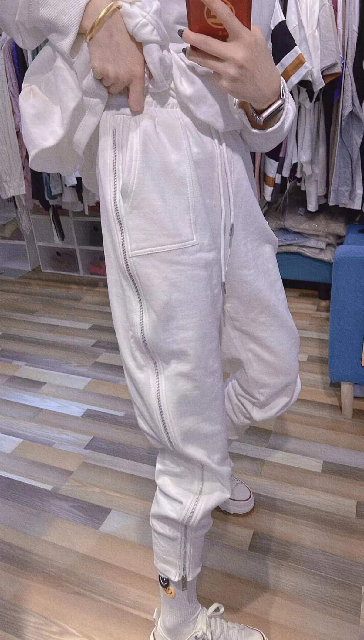 Pantalones de chándal blancos con cremallera para mujer, ropa de calle holgada de paracaídas, Y2K, de cintura alta con cordón, talla grande, 150KG