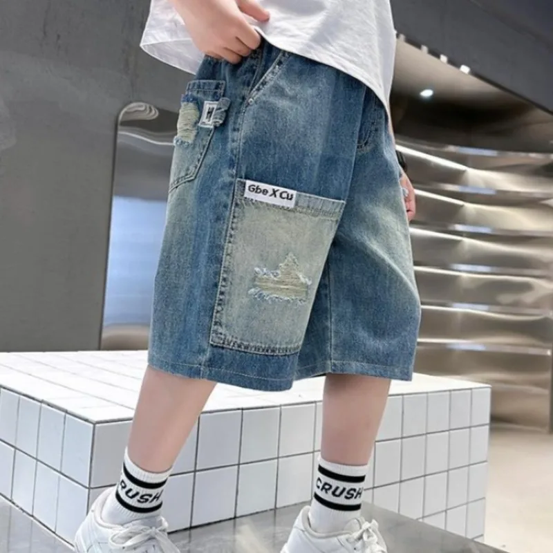 Boys' Summer Lightweight Soft Denim Cargo Pants 7/8 Length Ripped Design Fashionable Mid Length Kids' Workwear Pants