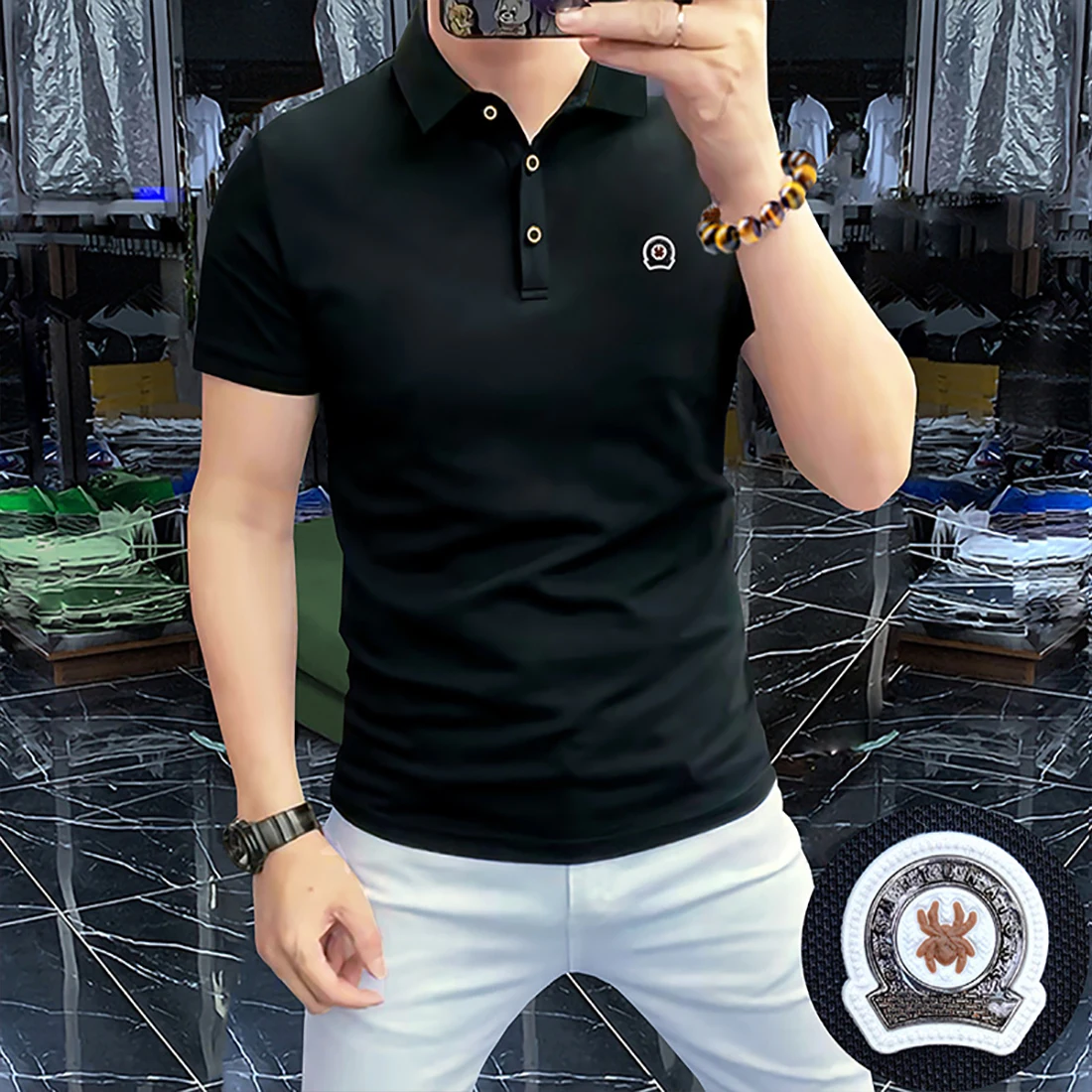 Men\'s Pearl Polo Shirt Summer Trend Badge Design Solid Color Male T-shirt  Business Casual Comfortable Man Clothing Slim Fit Top