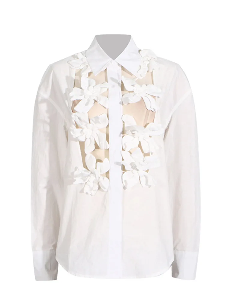 

3D Flower Splicing Design Sense Single Breasted Hollow Long Sleeved Standing Neck Shirt 2024 Summer New Fashion Casual