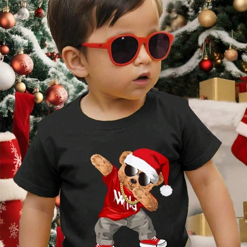 Novas camisetas para meninos, camisetas coloridas estampadas de Natal para crianças de primavera e outono, camisas de base para bebês, camisetas de manga curta