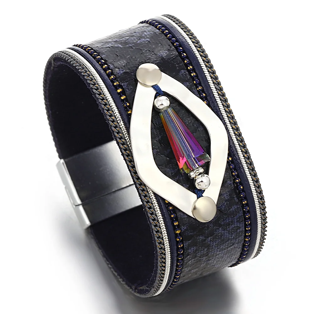 ALLYES Retro Snake Skin Leather Bracelet for Women Men Bohemian Crystal Bead Animal Pattern Wide Bracelets Bangles Charm Jewelry