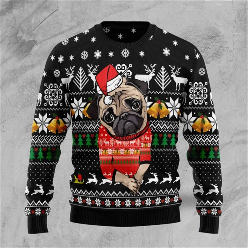 3D Print Funny Pug Dog Graphic Ugly Christmas Sweater Merry Christmas Crew Neck Pullover Sweatshirts For Men Women Xmas Hoody