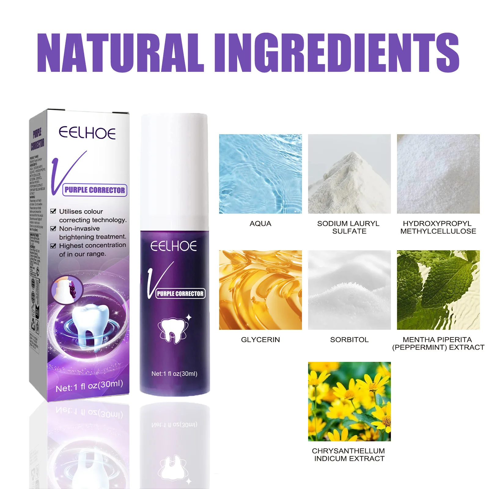 Purple Tooth Color Corrector Brightening Teeth Stain Removal Mint Natural Extract Teeth Whitening Serum For Daily Oral Care
