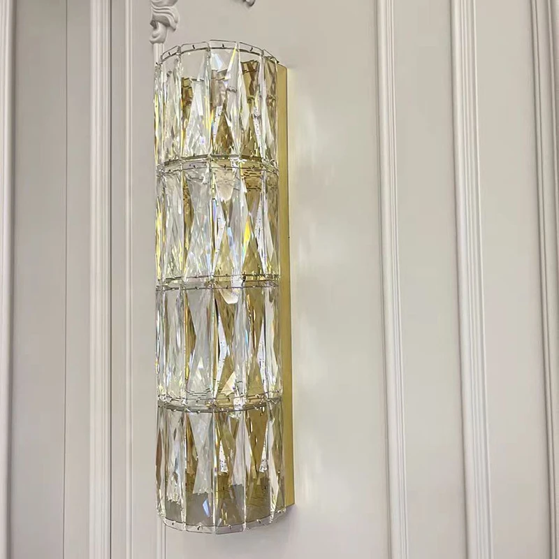 Golden Cut Crystal Wall Lamp Luxury Cylindrical Glass Sconce Vertical Stripe Indoor Light For Living Room Bedroom Hallway Home