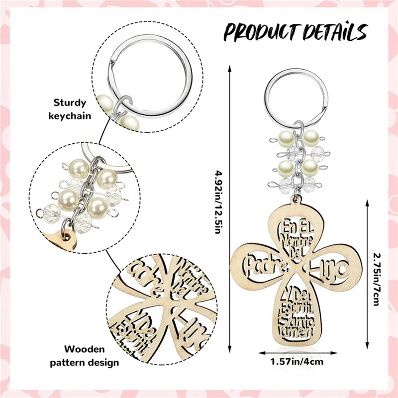 ABWR-40Pcs llavero de recuerdo de bautismo llavero de madera cruzado llavero de diseño de madera de bautizo con bolsa para primera comunión